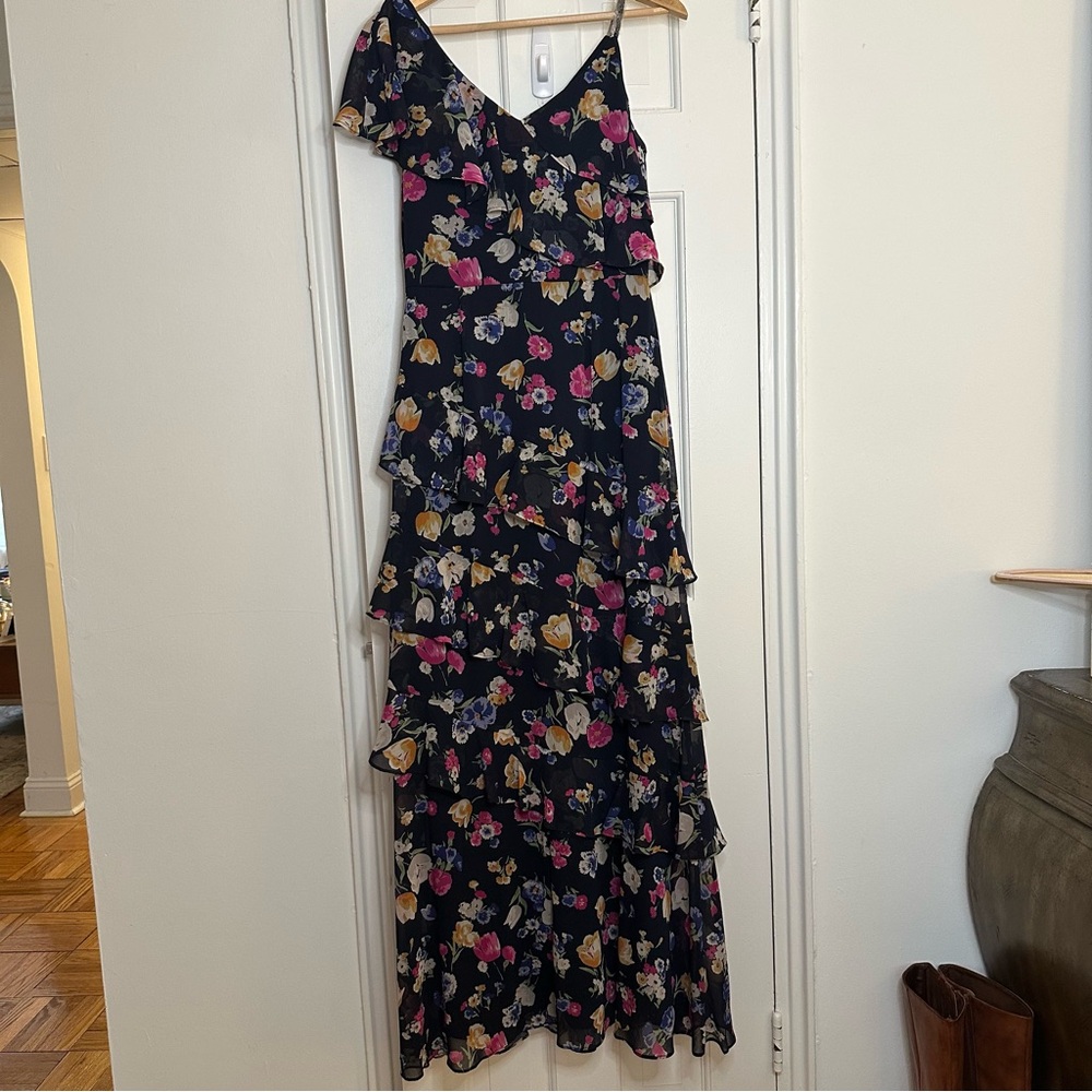 Lauren Ralph Lauren Floral Crinkled Georgette Dress Blue Tiered Ruffle Beaded 6 - Picture 6 of 12